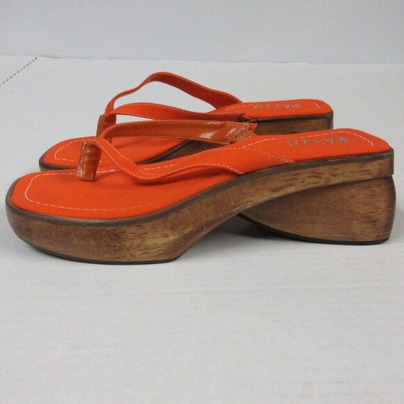 PAZZO Chunky Wood Platform Y2K Slide Sandals Sz 7 Orange Fabric Shoes VINTAGE 90 - Picture 4 of 14